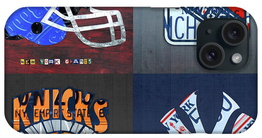 New York iPhone Case featuring the mixed media New York Sports Team License Plate Art Giants Rangers Knicks Yankees by Design Turnpike