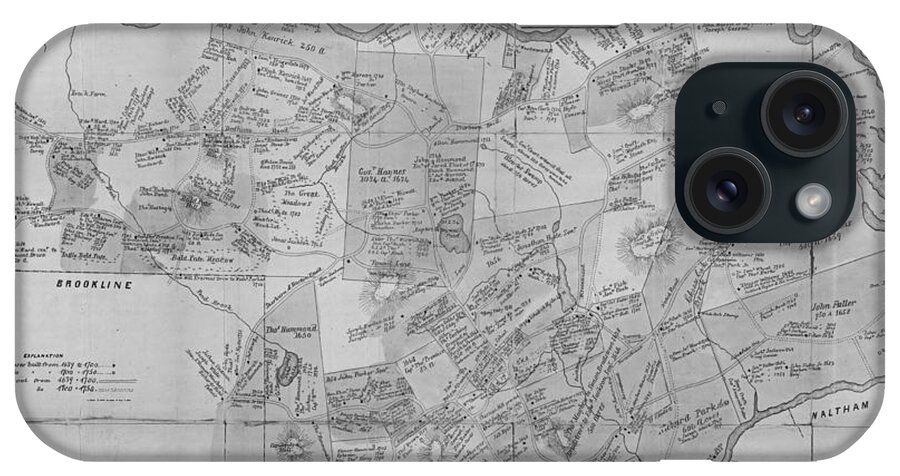 Newton iPhone Case featuring the digital art Newton MA city plans from 1700 black and white by Toby McGuire