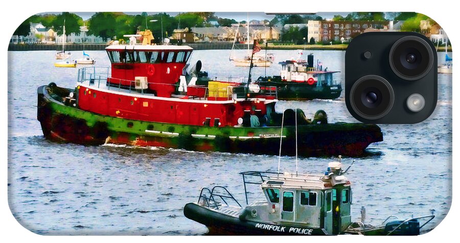 Boat iPhone Case featuring the photograph Norfolk VA - Police Boat and Two Tugboats by Susan Savad