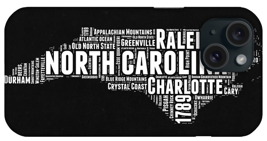 North Carolina iPhone Case featuring the digital art North Carolina black and white word Cloud Map by Naxart Studio