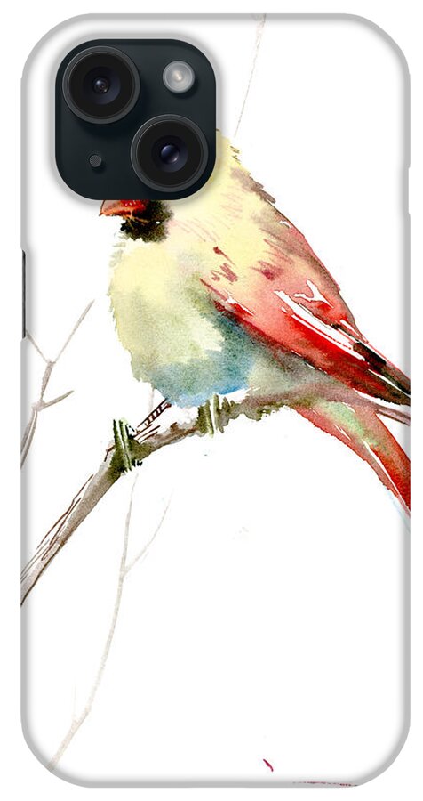 Cardinal Bird iPhone Case featuring the painting Northern Cardinal,female by Suren Nersisyan