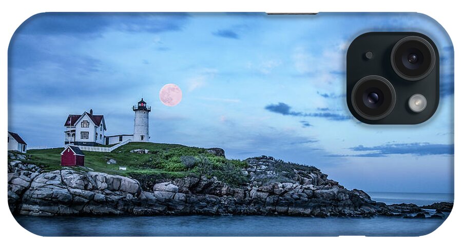 Nubble Light iPhone Case featuring the photograph Nubble Blue Hour Strawberry Moon by Hershey Art Images