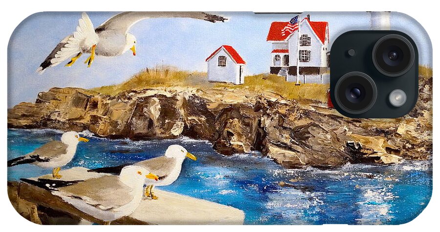 Lighthouse iPhone Case featuring the painting Nubble Light by Alan Lakin