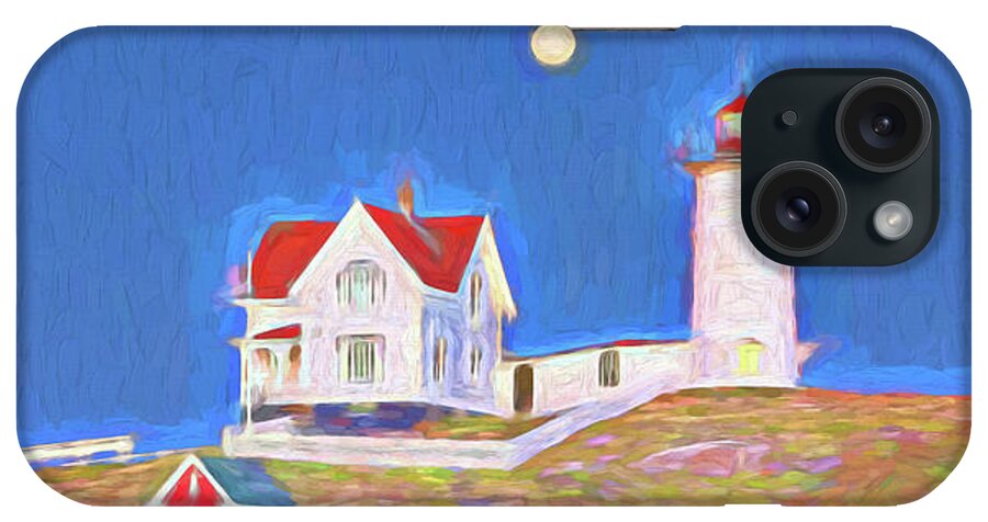 Vacationland iPhone Case featuring the digital art Nubble Lighthouse with Moon by David Smith