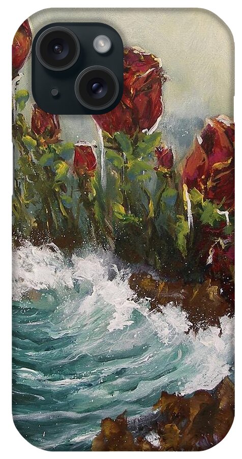 Ocean Rose Wave Water Flowers Roses Rocks Tide Cry Leaf Abstract Acrylic On Canvas Print Painting Red Green Blue Sea iPhone Case featuring the painting Ocean Rose by Miroslaw Chelchowski