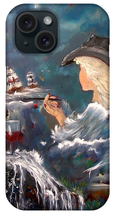 Ocean Wine Wave Red Ship Woman Smoking Hat Blonde Abstract Seascape Water Waterfall Clouds Print Watching Blue Black Boat Wind Drinking Relaxing Painting Miroslaw Chelchowski iPhone Case featuring the painting Ocean Wine by Miroslaw Chelchowski