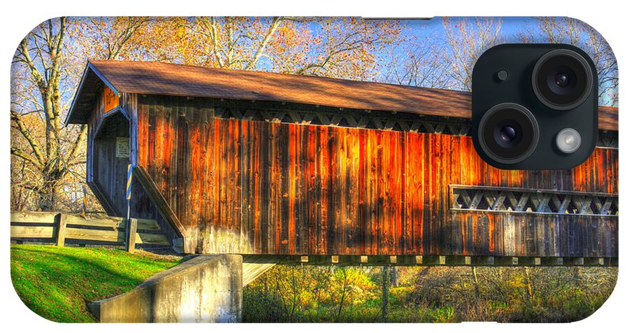 Benetka Road Covered Bridge iPhone Case featuring the photograph Ohio Country Roads - Benetka Road Covered Bridge Over the Ashtabula River - Ashtabula County by Michael Mazaika