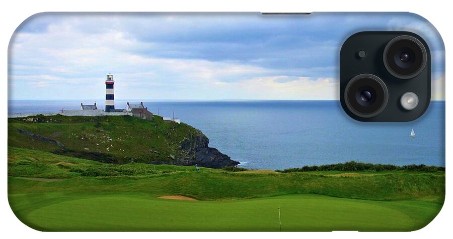 Old Head Golf Club Links Ireland Kinsale Green Sand Ocean Blue Atlantic Lighthouse Photo Photograph Image Picture Cliffs Shipwreck Lusitania Clouds Sailboat Wind Scenic Headland County Cork Print Prints Shot Peninsula Seascape Purple Pin Flag Beach Grass Atlantic Lusitania Sunk 1915 For Sale Fine Arts Art Print Prints Lighthouse Light House Hole Number 18 18th Eighteen Eighteenth Green iPhone Case featuring the photograph Old Head Golf Links - Hole #18 by Scott Carda