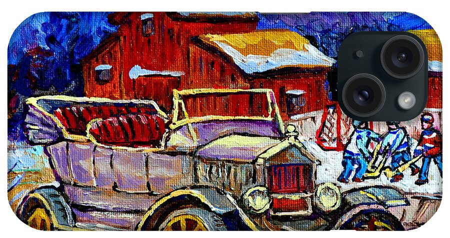 Model T iPhone Case featuring the painting Old Model T Car Red Barns Canadian Winter Landscapes Outdoor Hockey Rink Paintings Carole Spandau by Carole Spandau