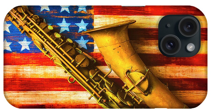 American iPhone Case featuring the photograph Old Saxophone On Wooden Flag by Garry Gay