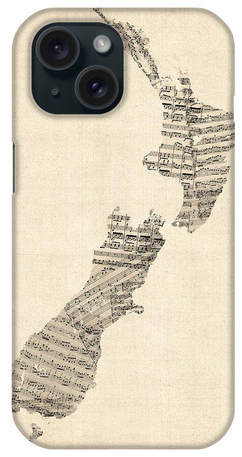 New Zealand Map iPhone Case featuring the digital art Old Sheet Music Map of New Zealand Map by Michael Tompsett