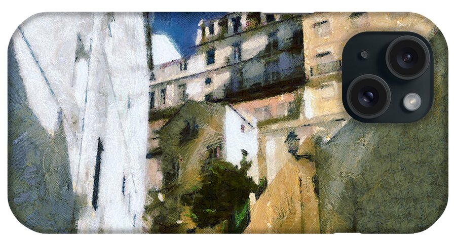 Alfama iPhone 15 Case featuring the painting Old stairs in Lisbon by Dimitar Hristov