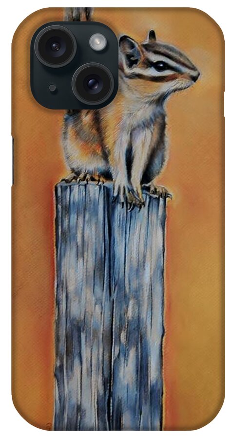 Chipmunk iPhone 15 Case featuring the drawing On the Fence by Jean Cormier