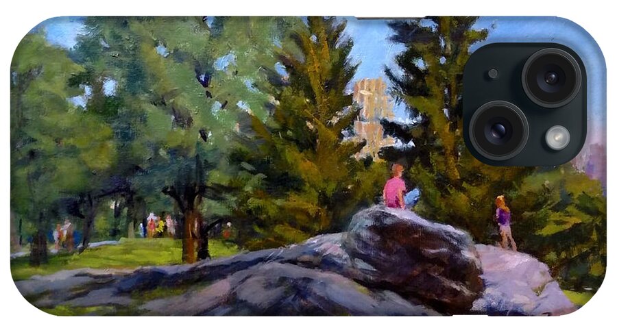 Landscape iPhone Case featuring the painting On the Rocks in Central Park by Peter Salwen