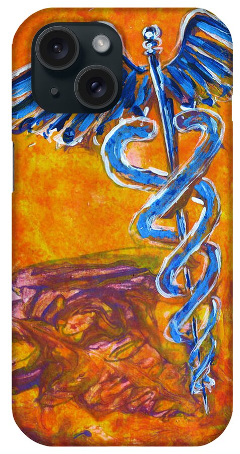 Medical iPhone Case featuring the painting Orange Blue Purple Medical Caduceus thats Atmospheric and Rising with Mystery by M Zimmerman