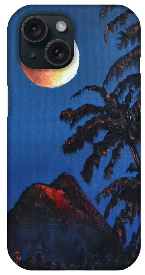 An Orange Colored Moon With A Blue Sky. There Are Palm Trees iPhone Case featuring the painting Orange Moon by Martin Schmidt
