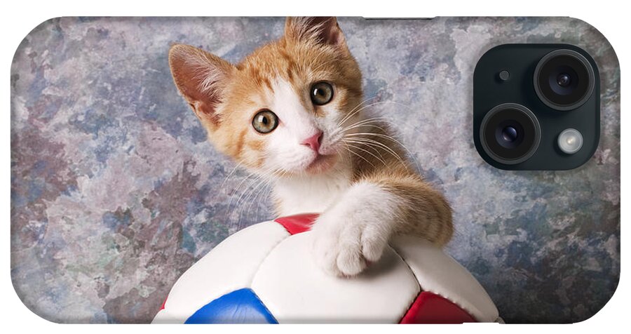  Kitten iPhone Case featuring the photograph Orange tabby kitten with soccer ball by Garry Gay