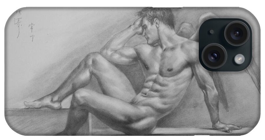 On Paper iPhone Case featuring the painting Original Charcoal Drawing Art Angel Of Male Nude On Paper #16-3-11-18 by Hongtao Huang