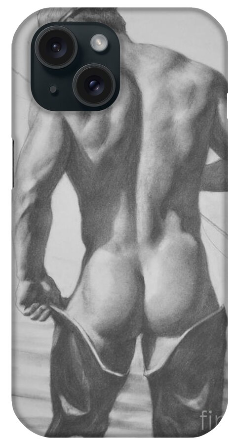 Original Art iPhone Case featuring the painting Original Drawing Sketch Charcoal Pencil Male Nude Gay Interest Man Art Pencil On Paper -0031 by Hongtao Huang