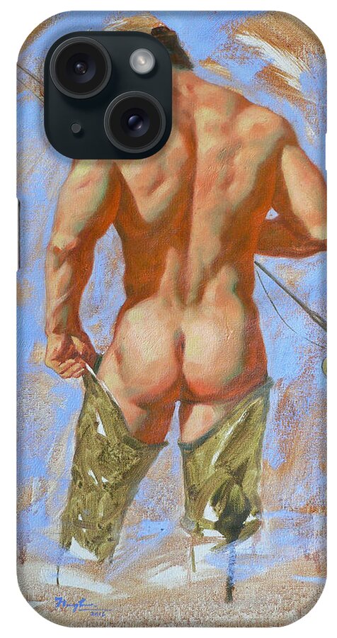 Original Art iPhone Case featuring the painting Original Oil Painting Art Male Nude Fisherman On Linen #16-2-20 by Hongtao Huang