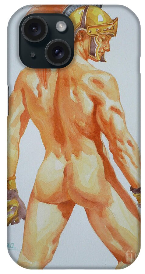 Original Art iPhone Case featuring the painting Original Watercolor Painting Art Male Nude Men Gay Interest General War On Paper #12-09-03 by Hongtao Huang