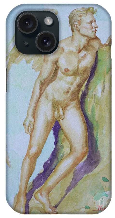 Angel iPhone Case featuring the painting Original Watercolour Angel Of Male Nude On Paper#16-10-6-04 by Hongtao Huang