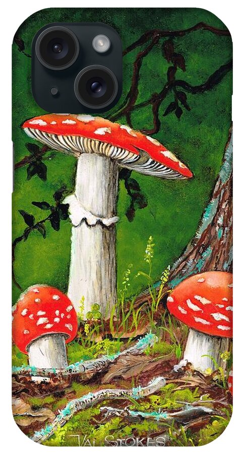 Red Mushrooms iPhone Case featuring the painting Out of the woods. by Val Stokes