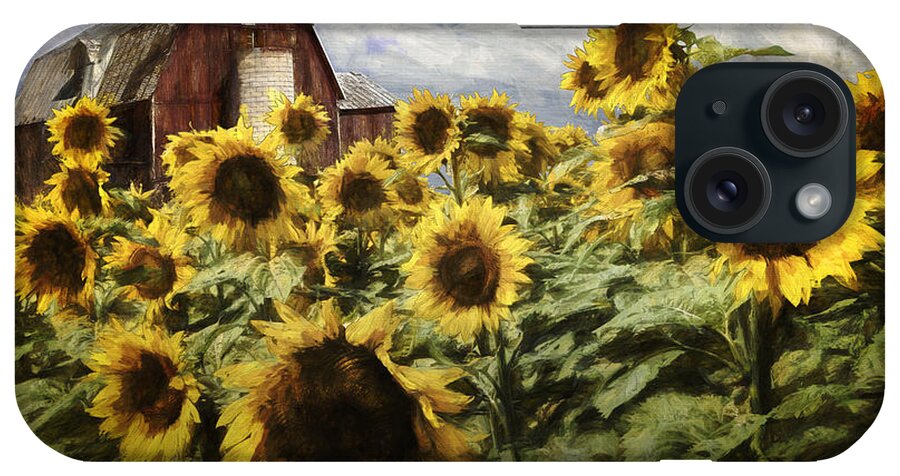 Sunflower iPhone Case featuring the photograph Painterly Effects on Golden Blooming Sunflowers with Red Barn by Randall Nyhof
