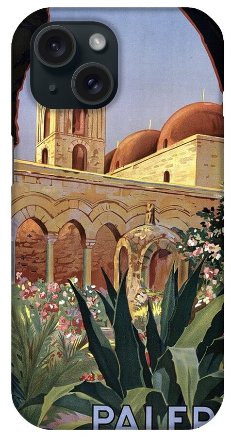 Palermo iPhone Case featuring the mixed media Palermo, Sicily, Italy - Garden Courtyard with Arcade and Tower - Retro travel Poster by Studio Grafiikka