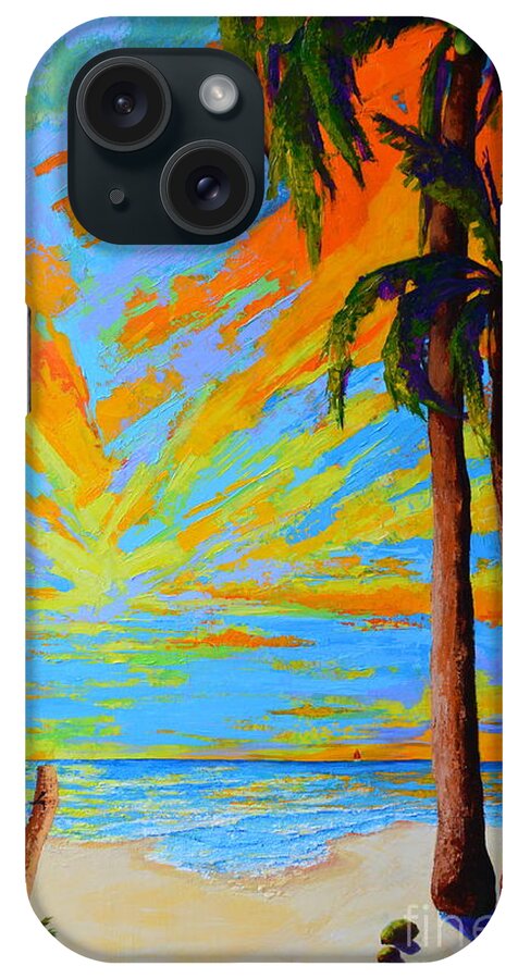 Florida Palm Trees iPhone Case featuring the painting Florida Palm Trees, Tropical Beach, Colorful Sunset Painting by Patricia Awapara