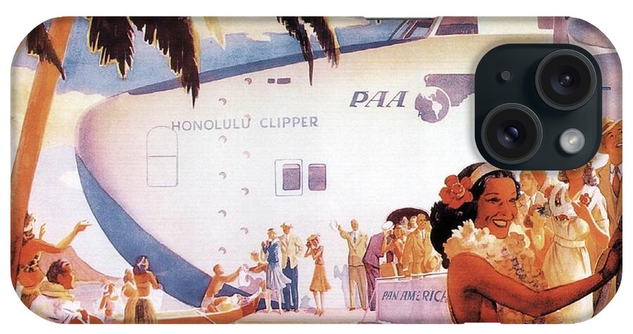 Pan American iPhone Case featuring the mixed media Pan American Airways - Hawaiians Greeting People - Retro travel Poster - Vintage Poster by Studio Grafiikka