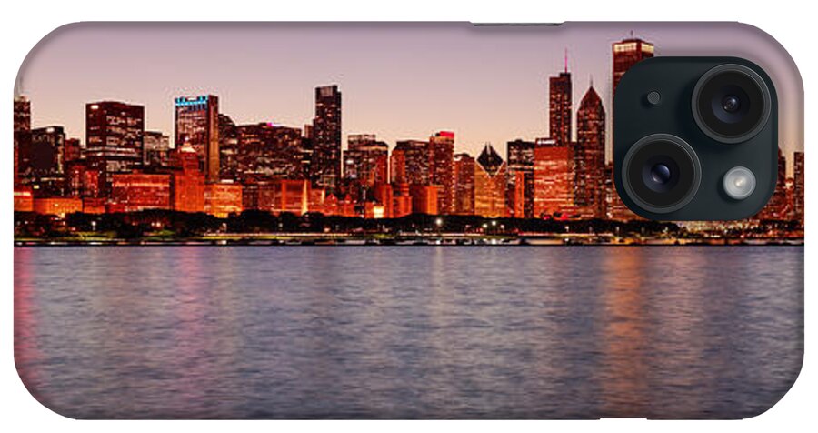 Windy iPhone Case featuring the photograph Panorama of the Chicago Skyline at Twilight from Adler Planetarium - Chicago Illinois by Silvio Ligutti
