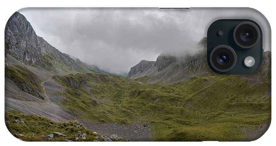 Panoramic iPhone Case featuring the photograph Panoramic view in high mountain with clouds approaching, Preasolana by Nicola Aristolao