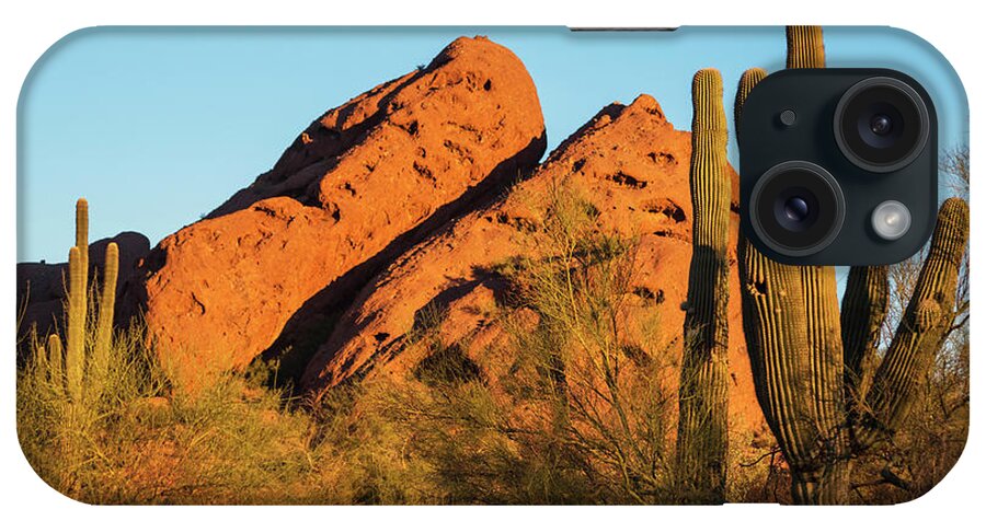 Papago iPhone Case featuring the photograph Papago Park Mountain at Sunrise Phoenix AZ Cactus by Toby McGuire