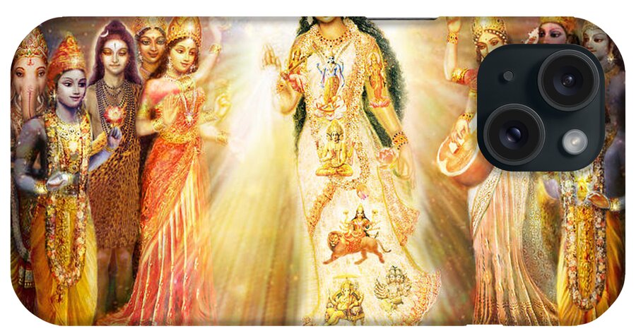 Goddess iPhone Case featuring the mixed media Parashakti Devi/ The Great Mother Goddess in Space by Ananda Vdovic