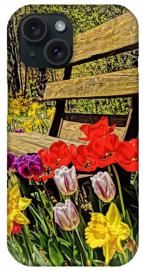 Spring iPhone Case featuring the photograph Park Bench w/ Spring Flowers by Dennis Cox