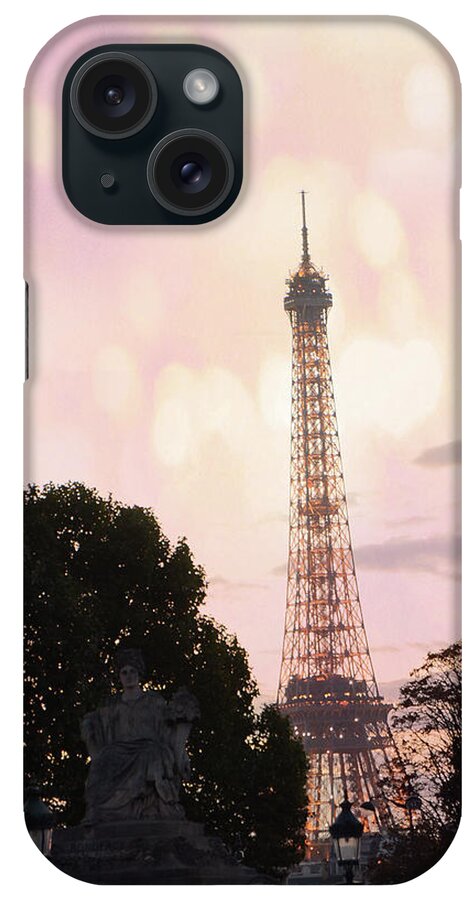 Paris iPhone Case featuring the photograph Pastel Paris Eiffel Tower Sunset Bokeh Lights - Romantic Eiffel Tower Pink Pastel Home Decor by Kathy Fornal