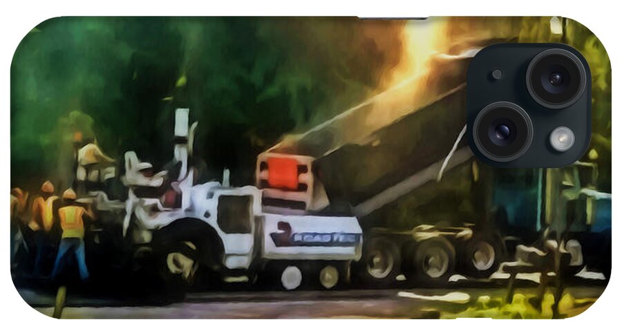 Activity iPhone Case featuring the painting Pavement machine laying fresh asphalt on top of the gravel base during highway construction by Jeelan Clark