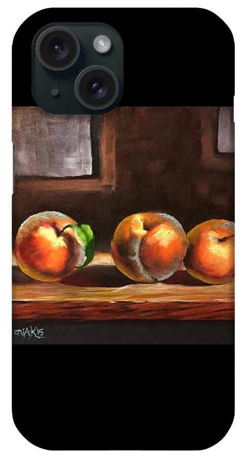 Peaches Fruit Board Painting Still Life Landscape Background Window Light iPhone Case featuring the painting Peaches by Justin Wozniak