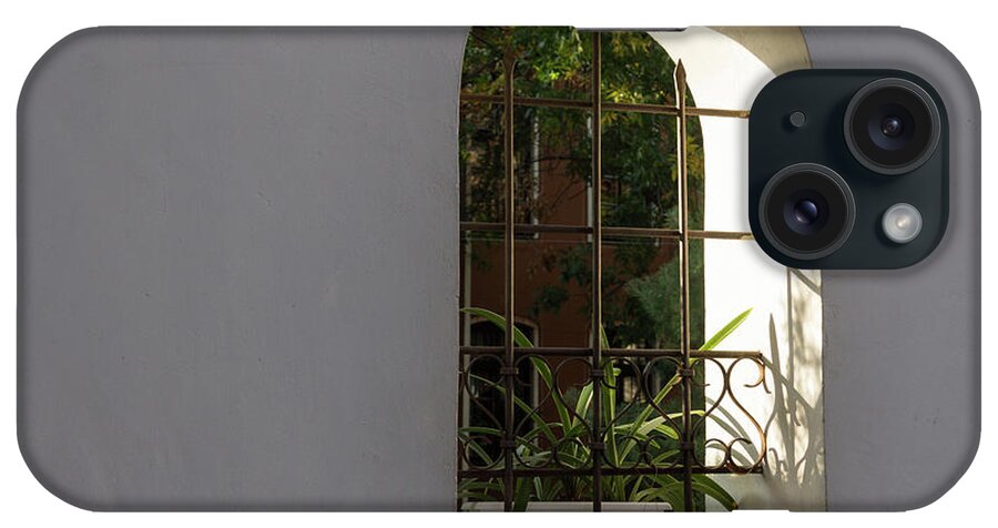 Georgia Mizuleva iPhone Case featuring the photograph Peeking Through the Garden Fence Window - Geometric Bars and Shadows by Georgia Mizuleva