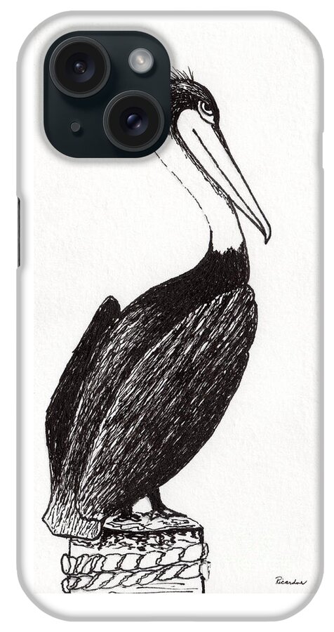 Animals iPhone Case featuring the drawing Pelican Paradise Portrait in Ink C2L by Ricardos Creations