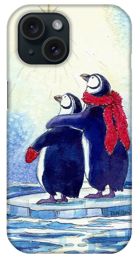 Penguins iPhone Case featuring the painting Penquins an Christmas Star by Peggy Wilson