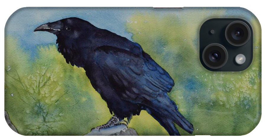Raven iPhone Case featuring the painting Perched on the Rim by Celene Terry