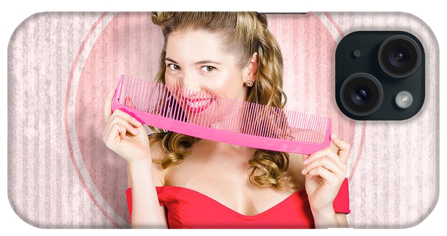 Hair iPhone Case featuring the photograph Pin up hairdresser woman with hair salon brush by Jorgo Photography
