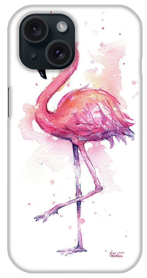 Flamingo iPhone Case featuring the painting Pink Flamingo Watercolor Tropical Bird by Olga Shvartsur