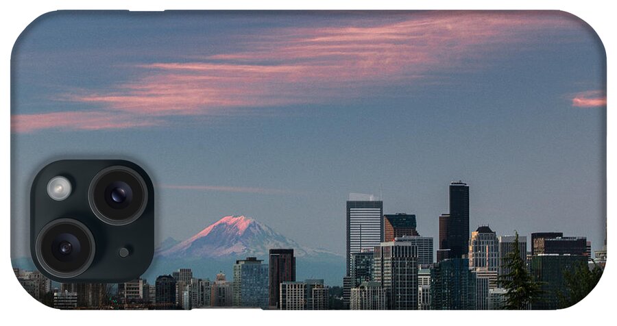 Mt. Rainier iPhone Case featuring the photograph Pink Highlights over Seattle-Mt. Rainier by E Faithe Lester
