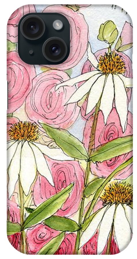 Hollyhock iPhone Case featuring the painting Pink Hollyhock and White Coneflowers by Laurie Rohner