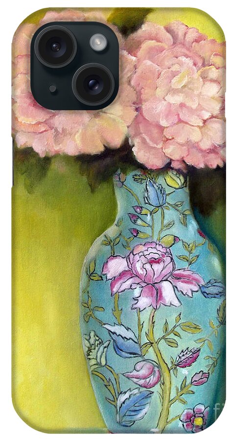 Still Life iPhone Case featuring the painting Pink Peonies in an Aqua Vase by Marlene Book