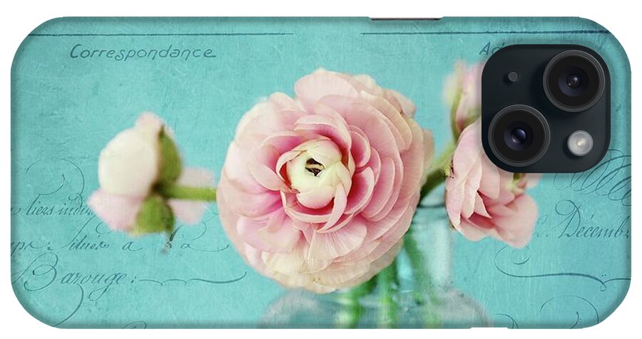 Ranunculus iPhone Case featuring the photograph Pink Ranunculus With Text by Sylvia Cook