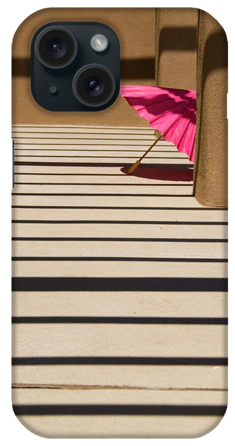 Umbrella Shadows Pink Adobe Santa Fe iPhone Case featuring the photograph Pink umbrella by Carolyn D'Alessandro